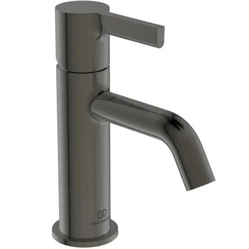 Waschtischarmatur in Metallic-Grau, mit einem flachen Auslauf und einem Hebel zur Steuerung des Wasserflusses. Produkt von Ideal Standard.